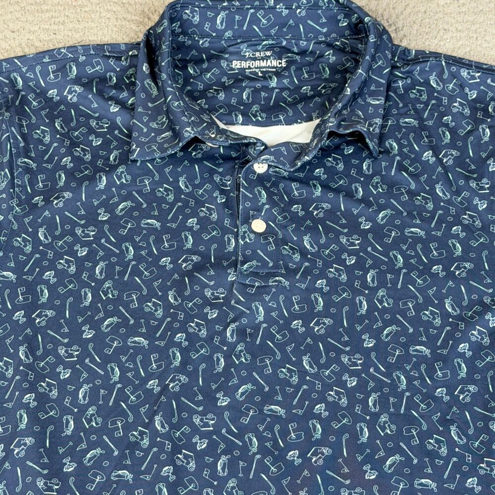 J. CREW Performance Polo Shirt Men L Blue All Over Golf Bag Tee Cart Trophy Club